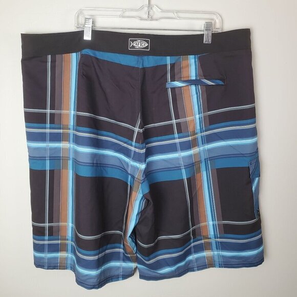 Aftco Bluewater Board Shorts Mens 42 Blue Brown‎ Plaid Beach Zippered Pockets - Picture 2 of 16